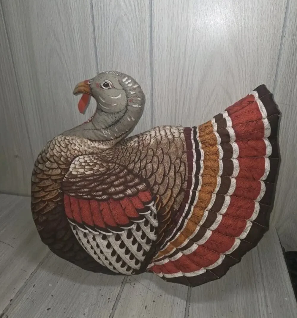 Vintage Handmade Stuffed Fabric Turkey THANKSGIVING Centerpiece Plush 14” Kitsch